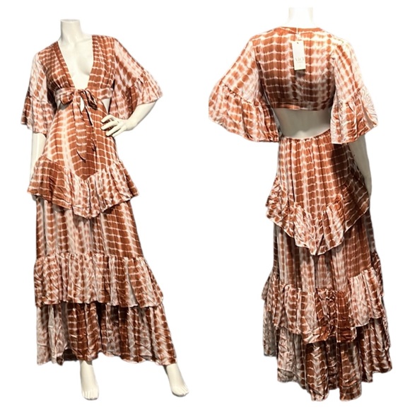 NWT Nordstrom VICI x Fate Cutout Tie Dye Plunge Tiered Ruffle Maxi Dress XS - Picture 1 of 13